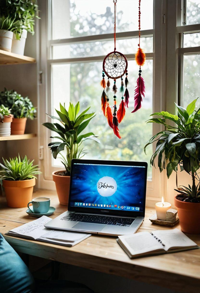 A serene workspace filled with colorful decorations and cozy elements, such as plush cushions, dreamcatchers, and potted plants. A laptop sits open, displaying a joyful blog interface with cheerful illustrations. Soft sunlight streams through a window, creating an inviting atmosphere that stimulates creative expression. Vibrant colors, whimsical details, and a sense of tranquility permeate the scene. super-realistic. vibrant colors. warm lighting.