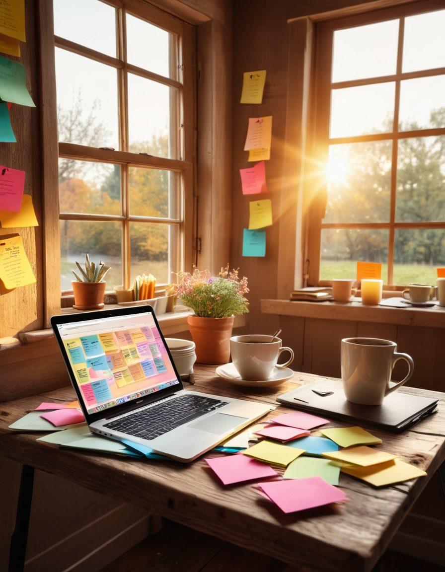 A serene and inviting workspace with a comfortable chair, an open laptop displaying a joyful blog post, colorful sticky notes adorning the walls, and a steaming cup of coffee on a rustic wooden table. Warm sunlight filters through the window, casting a soft glow. A cozy atmosphere that inspires creativity. vibrant colors. 3D.
