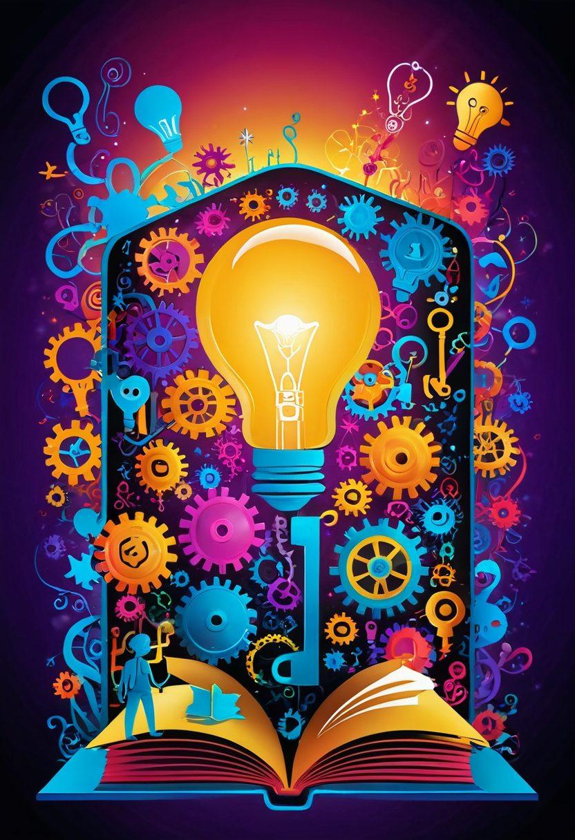 A whimsical key unlocking a bright, glowing book filled with colorful ideas, surrounded by diverse characters sharing smiles and creativity, symbolizing connection and inspiration. The background features playful elements like lightbulbs and gears representing innovative thought. vibrant colors. digital art.